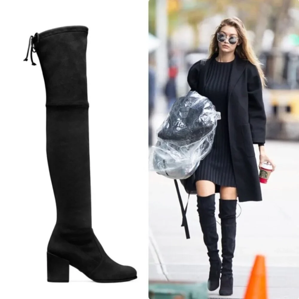 Stuart Weitzman Tieland Suede Black Over-the-Knee Sock Boots Block Heel Size 7